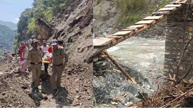 उत्तरकाशी: भूस्खलन जोन से गर्भवती महिला को स्ट्रेचर पर निकालकर पार कराया उत्तरकाशी: भूस्खलन जोन से गर्भवती महिला को स्ट्रेचर पर निकालकर पार कराया