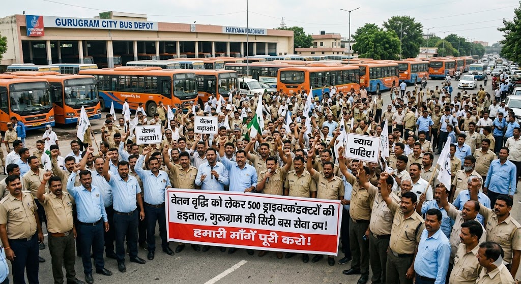 वेतन वृद्धि को लेकर 500 ड्राइवर-कंडक्टरों की हड़ताल, गुरुग्राम की सिटी बस सेवा प्रभावित वेतन वृद्धि को लेकर 500 ड्राइवर-कंडक्टरों की हड़ताल, गुरुग्राम की सिटी बस सेवा प्रभावित