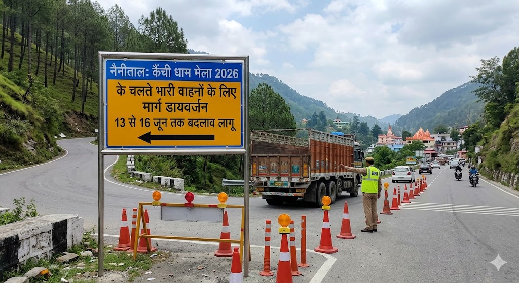 नैनीताल: कैंची धाम मेला 2026 के चलते भारी वाहनों के लिए मार्ग डायवर्जन, 13 से 16 जून तक बदलाव लागू नैनीताल: कैंची धाम मेला 2026 के चलते भारी वाहनों के लिए मार्ग डायवर्जन, 13 से 16 जून तक बदलाव लागू